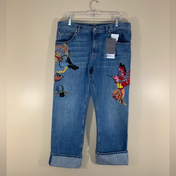 Alexander McQueen Denim - Alexander McQueen embroidered denim boyfriend jeans. Size 46 US 12